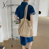Xajzpa - Corduroy Totes Bags For Women Solid Color Shoulder Girls Casual Large Capacity Open Eco