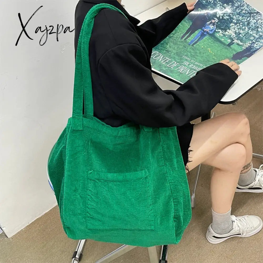 Xajzpa - Corduroy Totes Bags For Women Solid Color Shoulder Girls Casual Large Capacity Open Eco