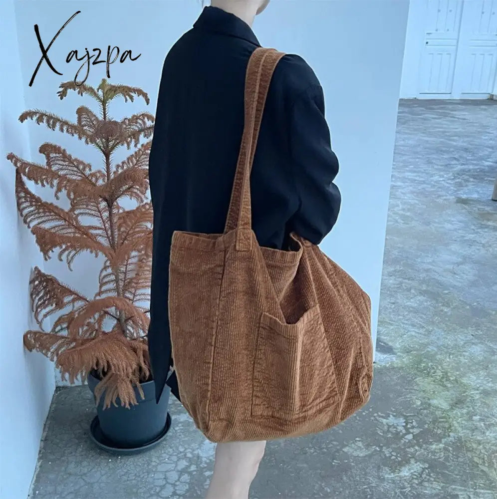 Xajzpa - Corduroy Totes Bags For Women Solid Color Shoulder Girls Casual Large Capacity Open Eco