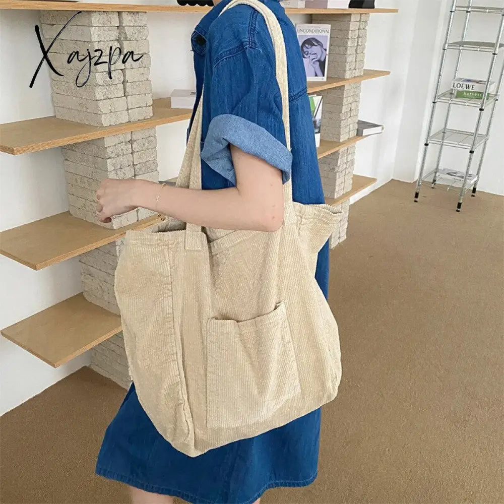 Xajzpa - Corduroy Totes Bags For Women Solid Color Shoulder Girls Casual Large Capacity Open Eco