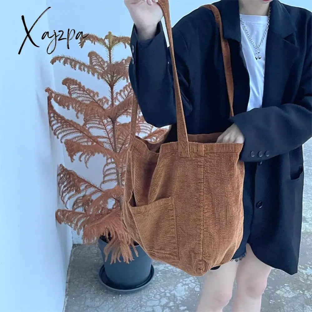 Xajzpa - Corduroy Totes Bags For Women Solid Color Shoulder Girls Casual Large Capacity Open Eco