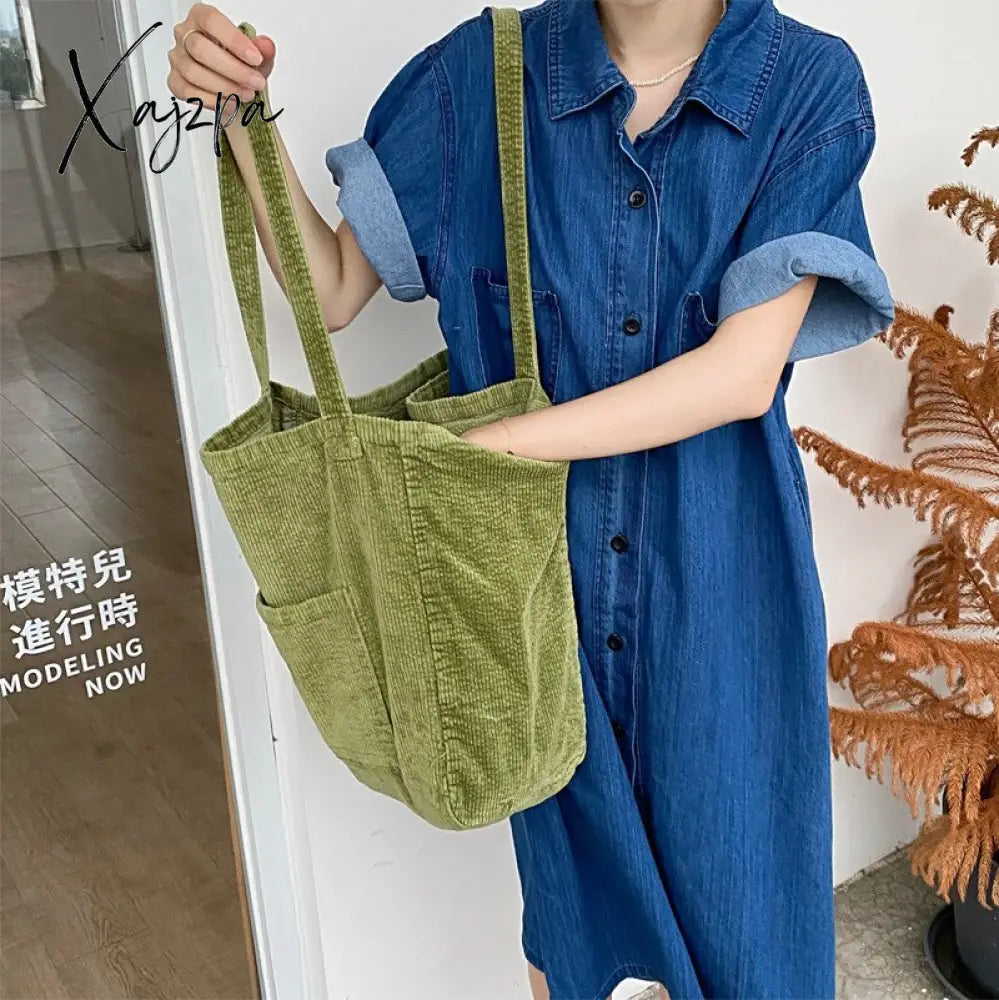 Xajzpa - Corduroy Totes Bags For Women Solid Color Shoulder Girls Casual Large Capacity Open Eco