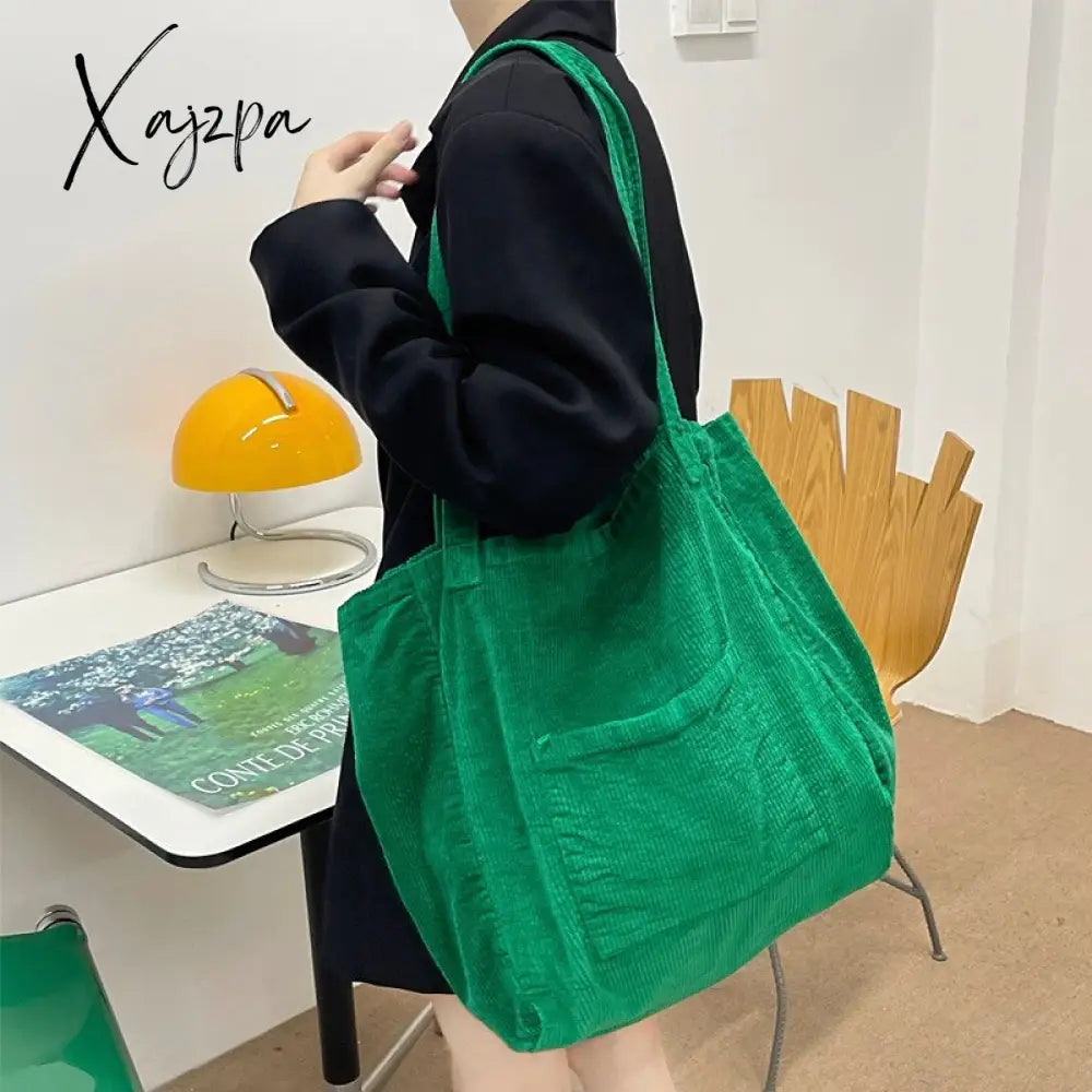 Xajzpa - Corduroy Totes Bags For Women Solid Color Shoulder Girls Casual Large Capacity Open Eco