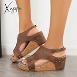 Xajzpa - Cork Platform Wedges Slingback Ankle Buckle Strap Sandals Brown / 5