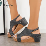 Xajzpa - Cork Platform Wedges Slingback Ankle Buckle Strap Sandals Gray / 5