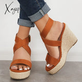 Xajzpa - Criss Cross Ankle Strap Espadrille Wedge Platform Sandals Brown / 5 Wedges