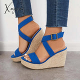 Xajzpa - Criss Cross Ankle Strap Espadrille Wedge Platform Sandals Navy / 5 Wedges