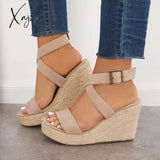 Xajzpa - Criss Cross Ankle Strap Espadrille Wedge Platform Sandals Taupe / 5 Wedges