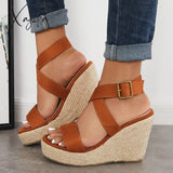 Xajzpa - Criss Cross Ankle Strap Espadrille Wedge Platform Sandals Wedges