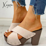 Xajzpa - Crisscross Design Chunky Heeled Slippers