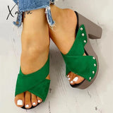 Xajzpa - Crisscross Design Chunky Heeled Slippers