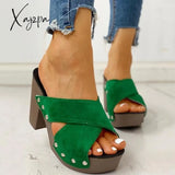 Xajzpa - Crisscross Design Chunky Heeled Slippers Green / 5