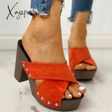 Xajzpa - Crisscross Design Chunky Heeled Slippers Orange / 5