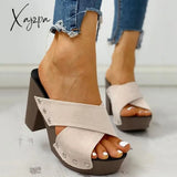 Xajzpa - Crisscross Design Chunky Heeled Slippers White / 5