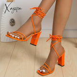 Xajzpa - Cross Bandage High Heels Sandals Women Summer Fashion Lace-Up High Heels Peep Toe Shoes Female Square Heel Ladies Sandals