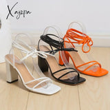 Xajzpa - Cross Bandage High Heels Sandals Women Summer Fashion Lace-Up Peep Toe Shoes Female Square