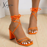 Xajzpa - Cross Bandage High Heels Sandals Women Summer Fashion Lace-Up Peep Toe Shoes Female Square