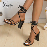 Xajzpa - Cross Bandage High Heels Sandals Women Summer Fashion Lace-Up Peep Toe Shoes Female Square