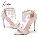 Xajzpa - Crystal Queen Women Ankle Strap Sandals White Lace Flowers Pearl Tassel  Super Stiletto High Heels Slender Bridal Wedding Shoes