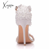 Xajzpa - Crystal Queen Women Ankle Strap Sandals White Lace Flowers Pearl Tassel Super Stiletto