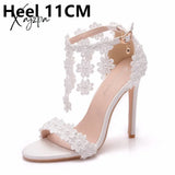 Xajzpa - Crystal Queen Women Ankle Strap Sandals White Lace Flowers Pearl Tassel Super Stiletto