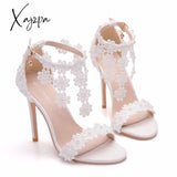 Xajzpa - Crystal Queen Women Ankle Strap Sandals White Lace Flowers Pearl Tassel Super Stiletto