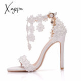 Xajzpa - Crystal Queen Women Ankle Strap Sandals White Lace Flowers Pearl Tassel Super Stiletto