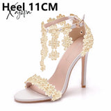 Xajzpa - Crystal Queen Women Ankle Strap Sandals White Lace Flowers Pearl Tassel Super Stiletto