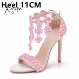 Xajzpa - Crystal Queen Women Ankle Strap Sandals White Lace Flowers Pearl Tassel Super Stiletto