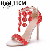 Xajzpa - Crystal Queen Women Ankle Strap Sandals White Lace Flowers Pearl Tassel Super Stiletto