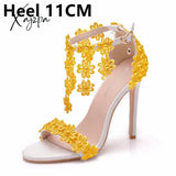 Xajzpa - Crystal Queen Women Ankle Strap Sandals White Lace Flowers Pearl Tassel Super Stiletto