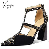 Xajzpa - Crystal Suede Pointed Toe Pumps For Female Women 2023 Designer Luxury Hollow Zipper Square Heel Solid Elegant Fashion Shoes