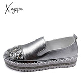 Xajzpa - Crystals Round Toe Leather Flats Shoes Women Silver Bling Loafers Couple Platform Woman