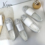 Xajzpa - Crystals Round Toe Leather Flats Shoes Women Silver Bling Loafers Couple Platform Woman