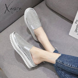 Xajzpa - Crystals Round Toe Leather Flats Shoes Women Silver Bling Loafers Couple Platform Woman