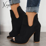 Xajzpa - Cut Out Peep Toe Block Chunky High Heel Ankle Boots