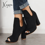 Xajzpa - Cut Out Peep Toe Block Chunky High Heel Ankle Boots