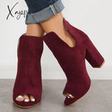 Xajzpa - Cut Out Peep Toe Block Chunky High Heel Ankle Boots