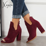 Xajzpa - Cut Out Peep Toe Block Chunky High Heel Ankle Boots