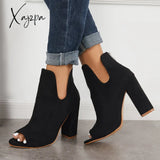 Xajzpa - Cut Out Peep Toe Block Chunky High Heel Ankle Boots