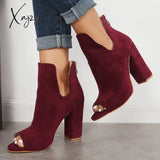 Xajzpa - Cut Out Peep Toe Block Chunky High Heel Ankle Boots