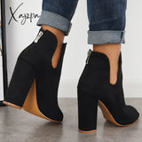 Xajzpa - Cut Out Peep Toe Block Chunky High Heel Ankle Boots