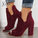 Xajzpa - Cut Out Peep Toe Block Chunky High Heel Ankle Boots