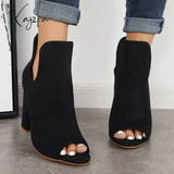 Xajzpa - Cut Out Peep Toe Block Chunky High Heel Ankle Boots