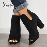 Xajzpa - Cut Out Peep Toe Block Chunky High Heel Ankle Boots