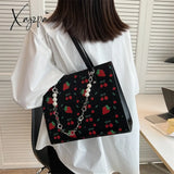 Xajzpa - Cute Strawberry Shoulder Bag Women Fashion Pearly Chain Tote Bags Luxury Pu Leather