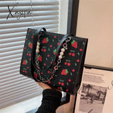 Xajzpa - Cute Strawberry Shoulder Bag Women Fashion Pearly Chain Tote Bags Luxury Pu Leather