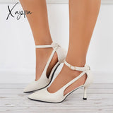 Xajzpa - Cutout High Heels Strappy Stilettos Pointed Toe Ankle Strap Pumps /