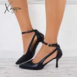 Xajzpa - Cutout High Heels Strappy Stilettos Pointed Toe Ankle Strap Pumps /