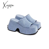 Xajzpa - Denim Thick Sole Summer Women Slippers Modern Flat With Height Increasing Leisure Casual Outside Platform Super High Heel Shoes